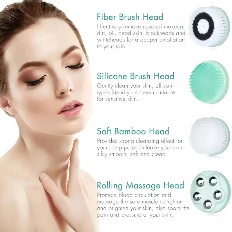 4 in 1 Electric Facial Cleansing Brush Waterproof IPX7 Face Massager Cleansing Device for Deep Cleaning Removal Blackhead Pore